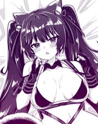 Rule 34 | 1girl, :o, animal ears, bikini, blush, breasts, cat ears, cat girl, cat tail, chiji komari, fang, fingerless gloves, gloves, goddess of victory: nikke, hair ribbon, highres, large breasts, looking at viewer, lying, monochrome, nail polish, nero (nikke), on back, on bed, parted lips, ribbon, skin fang, solo, sweat, swimsuit, tail