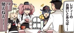 Rule 34 | +++, 1boy, 3girls, :3, admiral (kancolle), akatsuki (kancolle), anchor hair ornament, anchor symbol, atlanta (kancolle), black gloves, black headwear, black sailor collar, black skirt, blue eyes, breasts, brown hair, chair, commentary request, cup, dress shirt, earrings, flat cap, garrison cap, gloves, grey hair, hair flaps, hair ornament, hat, high-waist skirt, highres, ido (teketeke), jewelry, kantai collection, large breasts, long hair, long sleeves, multiple girls, partially fingerless gloves, sailor collar, saucer, shirt, sitting, skirt, solid circle eyes, star (symbol), star earrings, suspender skirt, suspenders, table, tea set, teacup, tiered tray, translation request, two side up, unfinished, upper body, white gloves, white shirt, yuudachi (kancolle)
