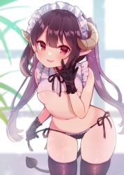 Rule 34 | 1girl, absurdres, bare arms, bare shoulders, black gloves, black hair, black panties, breasts, brown thighhighs, collared shirt, commission, cowboy shot, crop top, curled horns, demon girl, demon horns, demon tail, ebihara beniko, frilled shirt, frills, gloves, hand up, highres, holding, horns, leaning forward, lingerie, long hair, looking at viewer, maid headdress, midriff, navel, neck ribbon, no bra, no pants, open mouth, original, panties, pointy ears, red eyes, revealing clothes, ribbon, second-party source, shirt, side-tie panties, sidelocks, skindentation, sleeveless, sleeveless shirt, small breasts, smile, solo, spaghetti strap, standing, stomach, string panties, tail, thighhighs, thighs, twintails, underboob, underwear, very long hair, white shirt