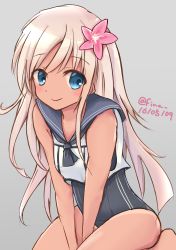 Rule 34 | 10s, 1girl, absurdres, blonde hair, blue eyes, blush, crop top, dated, fino, flower, hair flower, hair ornament, highres, kantai collection, one-piece swimsuit, one-piece tan, ro-500 (kancolle), simple background, swimsuit, tan, tanline, twitter username
