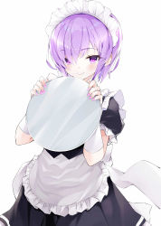 Rule 34 | 1girl, absurdres, alternate costume, apron, black dress, blush, closed mouth, commentary request, dress, enmaided, fate/grand order, fate (series), frilled apron, frills, hair over one eye, hands up, highres, holding, holding tray, jas (annkoromochi), looking at viewer, maid, maid headdress, mash kyrielight, nail polish, pink nails, puffy short sleeves, puffy sleeves, purple eyes, purple hair, short hair, short sleeves, simple background, smile, solo, tray, waist apron, white apron, white background