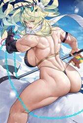 Rule 34 | 1boy, 1girl, absurdres, ass, axe, back, bare shoulders, barghest (fate), battle axe, bear, biceps, bikini, black bikini, blonde hair, blue sky, breasts, chain, fairy knight gawain (ice warrior) (fate), fate/grand order, fate (series), gauntlets, gold trim, green eyes, hair ornament, hair scrunchie, heterochromia, high ponytail, highleg, highleg bikini, highres, horns, huge ass, large breasts, long hair, looking at viewer, looking back, muscular, muscular female, open mouth, orion (bear) (fate), polar bear, red eyes, revision, riding, scarf, scrunchie, sideboob, sidelocks, single gauntlet, sky, swimsuit, thighs, weapon, white scarf, yoshio (55level)