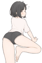 Rule 34 | 1girl, 1ssakawaguchi, absurdres, arm support, ass, barefoot, black hair, black shorts, blush, bob cut, closed eyes, closed mouth, commentary, dolphin shorts, feet, foot out of frame, from behind, highres, ichika (1ssakawaguchi), original, shirt, short hair, short shorts, short sleeves, shorts, simple background, squeans, sleepy, solo, symbol-only commentary, t-shirt, toes, turning head, unkempt, white background, white shirt