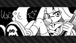 Rule 34 | 1girl, asphyxia17, black background, character request, chewing gum, long hair, looking at viewer, night, nintendo, pixel art, signature, simple background, socks, solo, splatoon (series), striped, tentacles