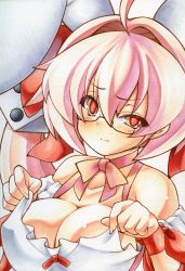 Rule 34 | 1girl, ahoge, animal ears, bespectacled, blush, breasts, choker, cleavage, di gi charat, fake animal ears, glasses, grin, hair ornament, hair ribbon, holding, holding clothes, large breasts, marker (medium), mechanical pencil, millipen (medium), pencil, pink hair, rabbit ears, red eyes, ribbon, ribbon choker, simple background, slit pupils, smile, solo, traditional media, uneven eyes, upper body, usada hikaru, white background, yutakasan-love