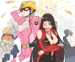 Rule 34 | 2boys, 2girls, absurdres, arms under breasts, birdie wing: golf girls&#039; story, black hair, breasts, brown hair, character request, cleavage, closed mouth, earrings, explosion, fangs, highres, jewelry, large breasts, long hair, looking at viewer, mole, mole under mouth, multicolored hair, multiple boys, multiple girls, no bra, one eye closed, purple eyes, red eyes, red hair, simple background, smile, sosona, tongue, tongue out, two-tone hair, vip&egrave;re, white background, wink