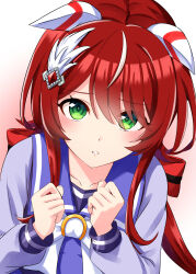 Rule 34 | 1girl, animal ears, blush, clenched hands, collarbone, commentary request, green eyes, hair between eyes, hair ornament, highres, horse ears, horse girl, kamelie, looking at viewer, low twintails, portrait, red hair, ribbon, school uniform, simple background, solo, tracen school uniform, twintails, umamusume, upturned eyes, white background, win variation (umamusume)