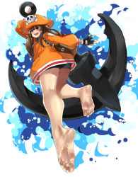 Rule 34 | 1girl, anchor, backpack, bag, bare legs, bike shorts, black gloves, blush, brown eyes, brown hair, eiji (eiji), feet, fingerless gloves, foot focus, foreshortening, gloves, greek toe, guilty gear, guilty gear strive, hat, highres, holding, holding weapon, long hair, may (guilty gear), open mouth, pirate, pirate hat, shorts, simple background, skull and crossbones, smile, solo, toes, weapon, white background