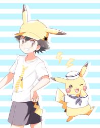 Rule 34 | 1boy, alternate costume, animal ear hat, ash ketchum, bad id, bad pixiv id, black hair, brown eyes, clothed pokemon, creatures (company), game freak, gen 1 pokemon, hat, lightning bolt symbol, looking at viewer, male focus, mei (maysroom), nintendo, one eye closed, pikachu, pikachu tail, pokemon, pokemon (anime), pokemon (creature), pokemon tail, sailor collar, sailor hat, sailor shirt, shirt, spiked hair, striped, striped background, tagme, tail, tie print, white shirt