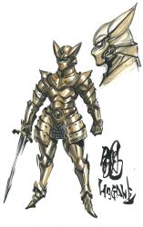 Rule 34 | amemiya keita, animal ears, armor, breastplate, brown armor, character name, commentary request, concept art, full armor, full body, garo (series), gauntlets, greaves, green eyes, hagane (garo), helmet, highres, holding, holding sword, holding weapon, knight, official art, pauldrons, plate armor, plume, shoulder armor, simple background, solo, standing, sword, tokusatsu, weapon, white background