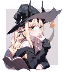Rule 34 | 1girl, absurdres, arknights, beudelb, black hat, black jacket, black necktie, blonde hair, blush, book, braid, closed mouth, commentary, dragon girl, dragon horns, green eyes, hat, highres, horns, jacket, long hair, necktie, off shoulder, official alternate costume, reed (arknights), reed the flame shadow (arknights), reed the flame shadow (curator) (arknights), shirt, solo, upper body, white shirt, witch hat
