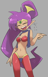 Rule 34 | 1girl, absurdres, arabian clothes, breasts, circlet, closed eyes, dark-skinned female, dark skin, forehead jewel, grey background, harem pants, highres, long hair, open mouth, pants, pointing, pointy ears, purple hair, shantae, shantae (series), simple background, small breasts, solo, tirarizun, translation request, very long hair