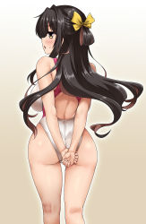 Rule 34 | 1girl, alternate costume, arms behind back, ass, black hair, breasts, cameltoe, competition swimsuit, covered erect nipples, covered navel, from behind, from below, gluteal fold, hair ribbon, highleg, highleg swimsuit, highres, kantai collection, large breasts, long hair, multicolored hair, naganami (kancolle), one-piece swimsuit, open mouth, pink hair, revision, ribbon, simple background, skindentation, solo, standing, swimsuit, thighs, two-tone hair, wavy hair, yellow eyes, yellow ribbon, yoshi tama