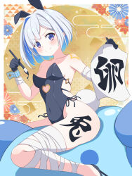 Rule 34 | &gt;:), 1girl, alternate costume, amane kanata, animal ears, asymmetrical bangs, bandaged arm, bandaged leg, bandages, bare shoulders, black gloves, black leotard, blue hair, blush, bob cut, breasts, closed mouth, clothing cutout, colored inner hair, covered navel, cutout above navel, fake animal ears, fake tail, gloves, grey hair, groin, heart cutout, highres, hololive, leotard, looking at viewer, multicolored hair, new year, oversized breast cup, playboy bunny, purple eyes, rabbit ears, rabbit tail, seek arrow, short hair, side-tie leotard, sideless outfit, small breasts, smile, solo, strapless, strapless leotard, tail, translation request, upao (amane kanata), v-shaped eyebrows, virtual youtuber