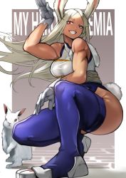 Rule 34 | 1girl, animal ears, blue thighhighs, boku no hero academia, breasts, dark-skinned female, dark skin, forehead, full body, gloves, grin, highres, impossible clothes, impossible leotard, large breasts, leotard, long hair, mirko, muscular, muscular female, on one knee, outside border, parted bangs, paw shoes, rabbit, rabbit ears, rabbit girl, rabbit tail, raised eyebrow, red eyes, shoes, silver hair, smile, solo focus, squatting, tail, taut leotard, thighhighs, white gloves, white leotard, yoshio (55level)