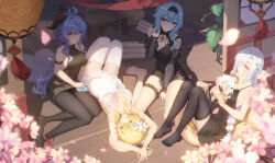 Rule 34 | 5girls, :o, absurdres, ahoge, alternate costume, ankle ribbon, arm strap, armpits, arms up, asymmetrical hair, bare arms, bare shoulders, barefoot, belt, between legs, black dress, black hairband, black pantyhose, black thighhighs, blonde hair, blue hair, blue nails, blush, braid, breasts, camisole, cherry blossoms, claw pose, cleavage, closed mouth, dress, eula (genshin impact), falling petals, feet, flower, frilled camisole, frills, frown, ganyu (genshin impact), garter straps, genshin impact, goat horns, gradient eyes, hair flower, hair ornament, hair over one eye, hairband, hand between legs, heart, heiyizhushenxia, highres, horns, knees up, lace, lace-trimmed dress, lace trim, lantern, large breasts, leg ribbon, legs, long hair, looking at viewer, low-braided long hair, low-tied long hair, low ponytail, lumine (genshin impact), lying, medium breasts, multicolored eyes, multiple girls, nail polish, no shoes, on back, one eye covered, open mouth, paimon (genshin impact), pantyhose, paper lantern, petals, plant, potted plant, purple eyes, ribbon, scroll, see-through, see-through sleeves, shenhe (genshin impact), short hair with long locks, sideboob, sidelocks, single braid, sitting, sleeping, sleeveless, sleeveless dress, sleeveless sweater, sleeveless turtleneck, slime (genshin impact), smile, spaghetti strap, sundress, sweater, sweater dress, table, tassel, thigh belt, thigh strap, thighhighs, thighs, toes, turtleneck, turtleneck sweater, very long hair, wariza, white flower, white garter straps, white hair, white thighhighs, wooden floor, yellow eyes, yokozuwari, zettai ryouiki