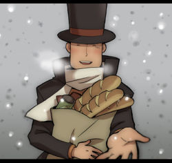 Rule 34 | 00s, 1boy, closed eyes, groceries, hat, hershel layton, level-5, looking at viewer, lowres, male focus, pov, professor layton, scarf, smile, snow, solo, top hat