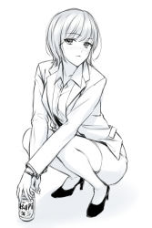 Rule 34 | 1girl, beer can, blush, can, dress shirt, drink can, formal, greyscale, high heels, highres, long sleeves, monochrome, office lady, shirt, short hair, simple background, sketch, solo, squatting, suit, takeuchi aya, white background