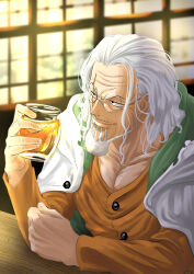 Rule 34 | 1boy, alcohol, beard, black eyes, blurry, blurry background, cup, facial hair, glasses, highres, holding, holding cup, indoors, long hair, long sleeves, male focus, mature male, musasabiop, old, old man, one piece, orange shirt, pectorals, shirt, silvers rayleigh, sitting, solo, white hair