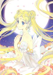 Rule 34 | 1girl, bad id, bad pixiv id, bare shoulders, bishoujo senshi sailor moon, blonde hair, crescent, crescent facial mark, crescent moon, detached sleeves, double bun, dress, earrings, facial mark, floating hair, flower, forehead mark, from side, full moon, hair bun, jewelry, long hair, momoko (momoko14), moon, necklace, own hands together, petals, princess serenity, red flower, red rose, rose, smile, solo, tsukino usagi, twintails, very long hair, white dress