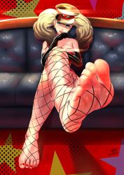 Rule 34 | 1girl, bare shoulders, black gloves, blonde hair, blue eyes, breasts, couch, crossed legs, earrings, elbow gloves, feet, fishnet pantyhose, fishnets, foot focus, gloves, hat, highres, jewelry, k.ty (amejin), leotard, long hair, looking at viewer, medium breasts, megami tensei, nail polish, no shoes, pantyhose, peaked cap, persona, persona 5, persona 5: dancing star night, persona dancing, red leotard, red lips, red nails, sidelocks, signature, sitting, smile, soles, solo, takamaki anne, toenail polish, toenails, toes, twintails