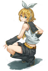 1girl :o absurdres black_footwear black_shorts blonde_hair blush bow crop_top detached_sleeves from_side green_eyes hair_between_eyes headphones highres kagamine_rin leg_warmers looking_at_viewer midriff number_tattoo parted_lips shirt short_hair shorts sleeveless sleeveless_shirt sleeves_past_wrists solo squatting tattoo turning_head vocaloid white_background white_bow white_shirt yanyan_(shinken_gomi)