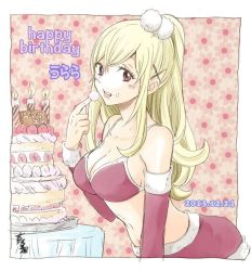 Rule 34 | 10s, 1girl, bikini, bikini top only, birthday, birthday cake, blonde hair, breasts, cake, candle, character name, cleavage, cream, cream on face, dated, detached sleeves, floral background, food, food on face, fruit, fur trim, hair ornament, hairclip, image sample, large breasts, long hair, looking at viewer, midriff, navel, ponytail, red eyes, santa costume, shiraishi urara, signature, solo, strawberry, swimsuit, tasting, tongue, tongue out, yamada-kun to 7-nin no majo, yoshikawa miki