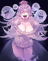 Rule 34 | 1girl, boo (mario), breasts, cleavage, crown, elbow gloves, eyebrows hidden by hair, ghost, gloves, grey hair, hair between eyes, highres, large breasts, long hair, looking at viewer, luigi&#039;s mansion, mario (series), new super mario bros. u deluxe, nintendo, open mouth, princess king boo, purple eyes, ryousuke (tukr5384), skirt, smile, solo, teeth, tongue, tongue out, white gloves