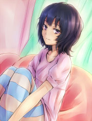 Rule 34 | bean bag chair, black hair, blue leggings, breasts, collarbone, commentary, curtains, from side, hair strand, hourou musuko, inaba-no-kuni-tottori, leggings, light smile, looking at viewer, looking to the side, messy hair, pink shirt, puffy short sleeves, puffy sleeves, purple eyes, shirt, short hair, short sleeves, sitting, small breasts, solo, striped, striped leggings, suehiro anna, wavy hair, white leggings