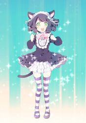 Rule 34 | 10s, 1girl, animal ears, bell, black hair, blush, bow, cat ears, cat tail, curly hair, cyan (show by rock!!), dress, frilled dress, frilled skirt, frills, green eyes, hair ornament, looking at viewer, misaka (msk li), open mouth, pink bow, ribbon, show by rock!!, skirt, solo, striped clothes, striped thighhighs, tail, thighhighs