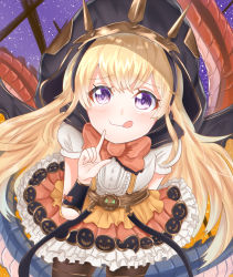 Rule 34 | 1girl, :3, :p, blonde hair, blue eyes, bow, cagliostro (granblue fantasy), cagliostro (halloween) (granblue fantasy), capelet, cloak, dress, frilled dress, frilled skirt, frills, granblue fantasy, headband, highres, jewelry, long hair, looking at viewer, orange bow, orange neckwear, pumpkin, red bow, skirt, tongue, tongue out, yumaviviane