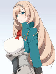 Rule 34 | 1girl, alternate breast size, blonde hair, blue eyes, breasts, corset, cropped jacket, dress shirt, flower, grey background, hair between eyes, highres, kantai collection, lactone, large breasts, long hair, long sleeves, military uniform, red flower, red rose, rose, shirt, simple background, smile, solo, tiara, uniform, victorious (kancolle), white shirt