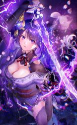 Rule 34 | 1girl, absurdres, arm up, blunt bangs, blurry, blurry background, braid, breasts, cleavage, depth of field, electricity, genshin impact, glowing, glowing weapon, hair flowing over, hair ornament, hair ribbon, hibari yuu, highres, holding, holding sword, holding weapon, japanese clothes, long hair, looking at viewer, mole, mole under eye, neck ribbon, purple background, purple eyes, purple hair, raiden shogun, ribbon, single braid, solo, standing, sword, tomoe (symbol), weapon