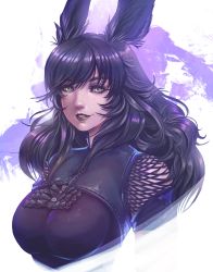 Rule 34 | 1girl, absurdres, animal ear fluff, animal ears, warrior of light (ff14), black hair, breasts, commentary, dark-skinned female, dark skin, final fantasy, final fantasy xiv, fishnets, freckles, frills, highres, lips, lipstick, long hair, looking at viewer, makeup, medium breasts, parted lips, rabbit ears, shiny skin, simple background, smile, solo, upper body, viera, vvernacatola, yellow eyes