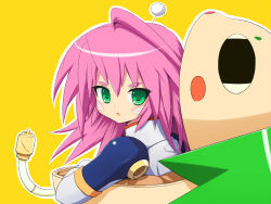 Rule 34 | 00s, 1girl, :o, blush, creature, green eyes, kemeko, kemeko (kemeko deluxe), kemeko deluxe, long hair, looking at viewer, mm, mm (kemeko deluxe), open mouth, parted lips, pink hair, simple background, takunama, upper body, yellow background