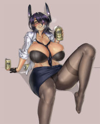 Rule 34 | 10s, 1girl, alcohol, beer, beer can, between breasts, blush, bra, breasts, breath, bursting breasts, can, cleavage, curvy, drink can, eu03, eyepatch, female focus, glasses, gloves, grin, headgear, highres, huge breasts, kantai collection, looking at viewer, miniskirt, necktie, necktie between breasts, open clothes, panties, panties under pantyhose, pantyhose, parted lips, purple hair, short hair, sitting, skindentation, skirt, smile, solo, tenryuu (kancolle), thick thighs, thighband pantyhose, thighs, toned, underwear, wide hips, yellow eyes