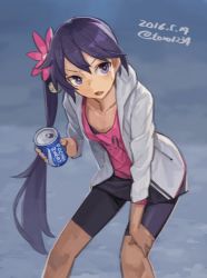Rule 34 | 10s, 1girl, 2016, akebono (kancolle), alternate costume, bell, bike shorts, collarbone, commentary request, dated, flower, hair bell, hair flower, hair ornament, hand on own knee, hood, hoodie, kantai collection, leaning forward, long hair, looking to the side, matching hair/eyes, pocari sweat, purple eyes, purple hair, side ponytail, solo, standing, sweat, tank top, toro (konirio), translation request, twitter username