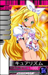 Rule 34 | 10s, 1girl, arm warmers, blonde hair, blush, bow, breasts, card (medium), clothes lift, cure rhythm, earrings, functionally nude, green eyes, hair bow, hands on own chest, hassaku (rapidangel), heart, heart earrings, jewelry, long hair, looking at viewer, lowres, medium breasts, minamino kanade, navel, nipples, ponytail, precure, puffy sleeves, shirt, shirt lift, short sleeves, smile, standing, suite precure, white shirt, yellow background