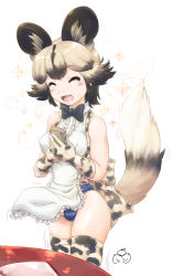 Rule 34 | 1girl, ^ ^, african wild dog (kemono friends), african wild dog print, alternate costume, animal ear fluff, animal ears, animal print, apron, back bow, bare shoulders, black hair, bow, bowtie, buruma, center frills, closed eyes, dog ears, dog girl, dog tail, extra ears, facing viewer, frilled apron, frills, gloves, grey hair, groin, highres, kemono friends, mikan toshi, multicolored hair, open mouth, print gloves, print shirt, print thighhighs, shirt, short hair, sidelocks, sleeveless, sleeveless shirt, smile, solo, tail, thighhighs, waitress, white apron