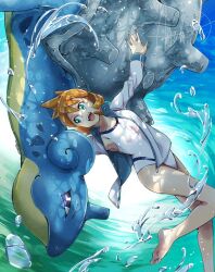 Rule 34 | 1girl, armpits, asakihayato, bare arms, barefoot, breasts, competition swimsuit, cowboy shot, creatures (company), feet, female focus, game freak, gen 1 pokemon, green eyes, highres, jacket, jacket over swimsuit, lapras, legs, long sleeves, medium breasts, misty (pokemon), navel, nintendo, one-piece swimsuit, open clothes, open jacket, orange hair, pokemon, pokemon hgss, short hair, smile, solo, standing, swimsuit, thighs, underwear, water, white one-piece swimsuit