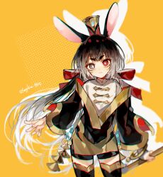 Rule 34 | 1girl, animal ears, black coat, black eyes, black hair, black thighhighs, bow, bright pupils, buttons, closed mouth, coat, commentary, cowboy shot, gold trim, hair bow, hat, heterochromia, korean commentary, long hair, long sleeves, looking at viewer, lord of heroes, low twintails, mei ling qiao, mei ling qiao (fire), rabbit ears, red bow, red eyes, sapphire (nine), shirt, short eyebrows, solo, thighhighs, twintails, very long hair, white pupils, white shirt