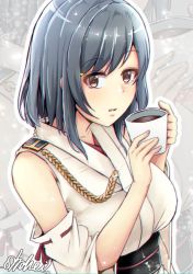 Rule 34 | 1girl, aga marino, black hair, breasts, coffee, coffee cup, commentary request, cup, detached sleeves, disposable cup, holding, holding cup, kantai collection, large breasts, looking at viewer, nontraditional miko, red eyes, short hair, signature, solo, yamashiro (kancolle)