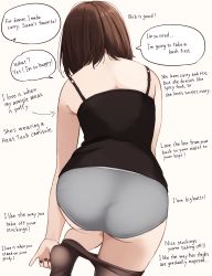Rule 34 | 1girl, absurdres, alternate language, arrow (symbol), ass, bare arms, bare shoulders, black camisole, bob cut, brown background, brown hair, brown pantyhose, camisole, clothes pull, english text, facing away, from behind, grey panties, highres, kapatarou, nail polish, original, panties, pantyhose, pantyhose pull, pulling own clothes, red nails, simple background, solo, standing, standing on one leg, underwear, undressing