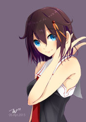 Rule 34 | 10s, 1girl, adapted costume, alternate hair length, alternate hairstyle, armpits, bad id, bad pixiv id, blue eyes, brown hair, dated, eyes visible through hair, from side, hair between eyes, hair flaps, hair ornament, hand in own hair, highres, kantai collection, purple background, shigure (kancolle), shigure kai ni (kancolle), short hair, simple background, sleeveless, solo, tebi (tbd11)