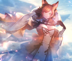 Rule 34 | 1girl, animal ears, black gloves, blue sky, bow, breasts, brown hair, character check, cleavage, creatures (company), day, dog ears, dress, floral print, game freak, gen 7 pokemon, gloves, hair bow, hands up, heterochromia, highres, large breasts, lycanroc, lycanroc (dusk), moe (hamhamham), nintendo, orange dress, outdoors, parted bangs, personification, pokemon, sky, solo, standing
