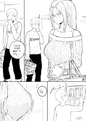 Rule 34 | 1boy, 1girl, 4koma, absurdres, group name, bangs pinned back, bare shoulders, bouncing breasts, breasts, buzz cut, clothes writing, comic, commentary, english commentary, fin (word), glasses, highres, indoors, inne sulistya robin, large breasts, long hair, looking at breasts, meshuggah, milk carton, monochrome, motion lines, musical note, norman maggot, original, short hair, sidelocks, speech bubble, standing, ^^^, teacher, very short hair