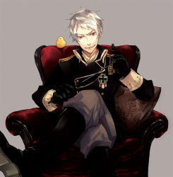 Rule 34 | 1boy, aiguillette, alternate eye color, animal, armchair, axis powers hetalia, badge, bird, black gloves, boots, chair, chick, cross, crossed legs, cushion, gloves, grey background, iron cross, male focus, military, military uniform, pants, pillow, prussia (hetalia), purple eyes, red eyes, riding crop, simple background, sitting, smile, smug, solo, tktk k, uniform, white hair