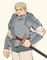 Rule 34 | 1boy, absurdres, armor, artist name, blonde hair, bracer, brown eyes, commentary, cowboy shot, dungeon meshi, english commentary, halftone, halftone background, hand up, highres, holding, holding sword, holding weapon, laios touden, long sleeves, looking at viewer, male focus, open mouth, pants, pauldrons, sheath, sheathed, short hair, shoulder armor, simple background, solo, sword, undercut, very short hair, weapon, yellow background, yogireji