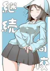 Rule 34 | 1girl, artist name, blue background, blue hat, blue shirt, blush, brown hair, closed eyes, closed mouth, commentary request, cowboy shot, dress shirt, dressing, facing viewer, flying sweatdrops, girls und panzer, grey skirt, hat, keizoku school uniform, long hair, long sleeves, mika (girls und panzer), miniskirt, motion lines, open clothes, open skirt, outside border, panties, panty peek, partial commentary, pleated skirt, school uniform, shirt, skirt, smile, solo, striped clothes, striped shirt, sweatdrop, text background, tulip hat, underwear, vertical-striped clothes, vertical-striped shirt, white shirt, wing collar, zannen na hito