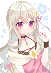 Rule 34 | 1girl, bare shoulders, black choker, blush, breasts, choker, cleavage, closed mouth, collarbone, copyright request, dress, flower, grey hair, hair between eyes, hair flower, hair ornament, hand up, highres, long hair, looking at viewer, medium breasts, pink dress, purple eyes, simple background, smile, solo, suzu (minagi), very long hair, virtual youtuber, white background, yellow flower